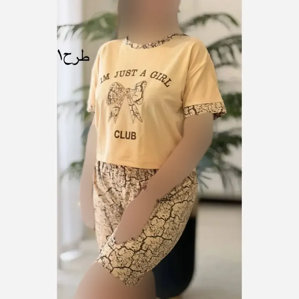 ست تیشرت و شلوارک زنانه پنبه ای اعلا فری سایز رنگ کرم شکلاتی نسکافه ای