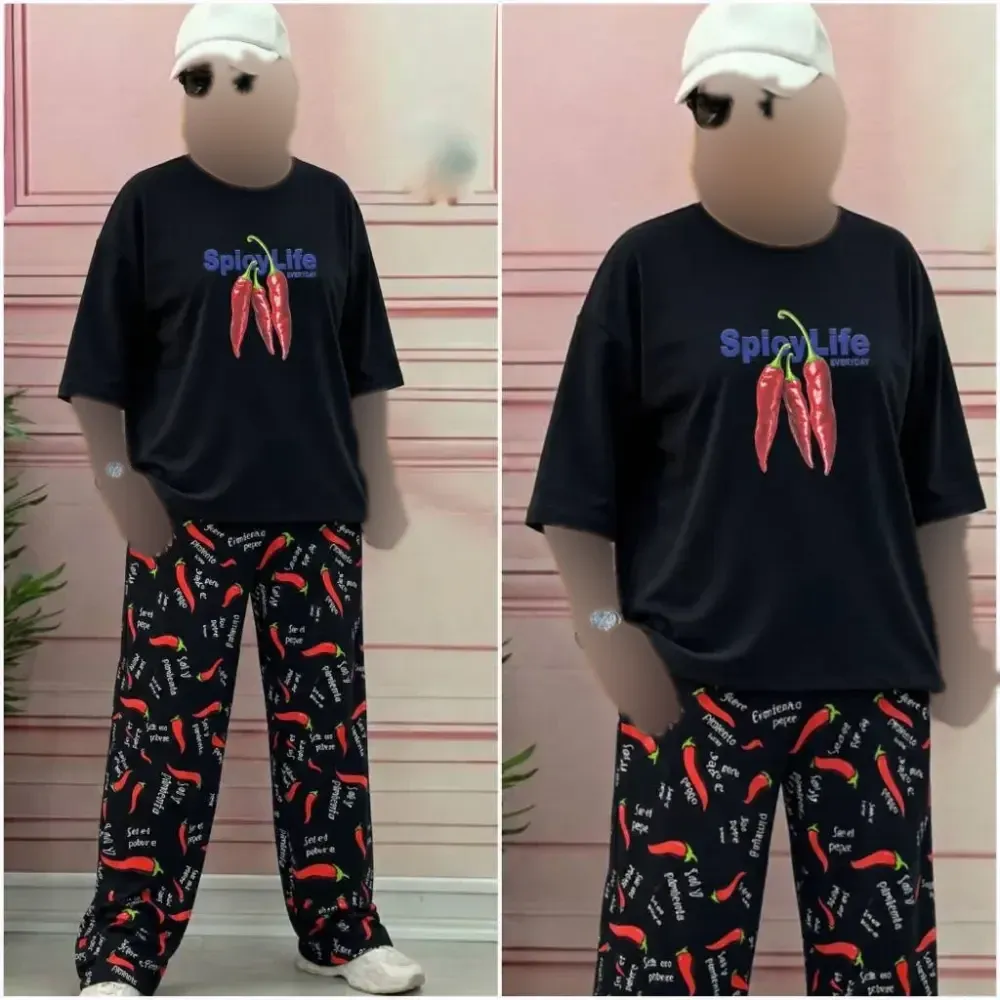 ست تیشرت نخ پنبه و شلوار بوگاتی زنانه رنگ مشکی و سفید سایز فری