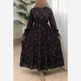 پیراهن گیلاسی یقه چین جنس بوگاتی رنگ مشکی فری سایز 38 تا 46