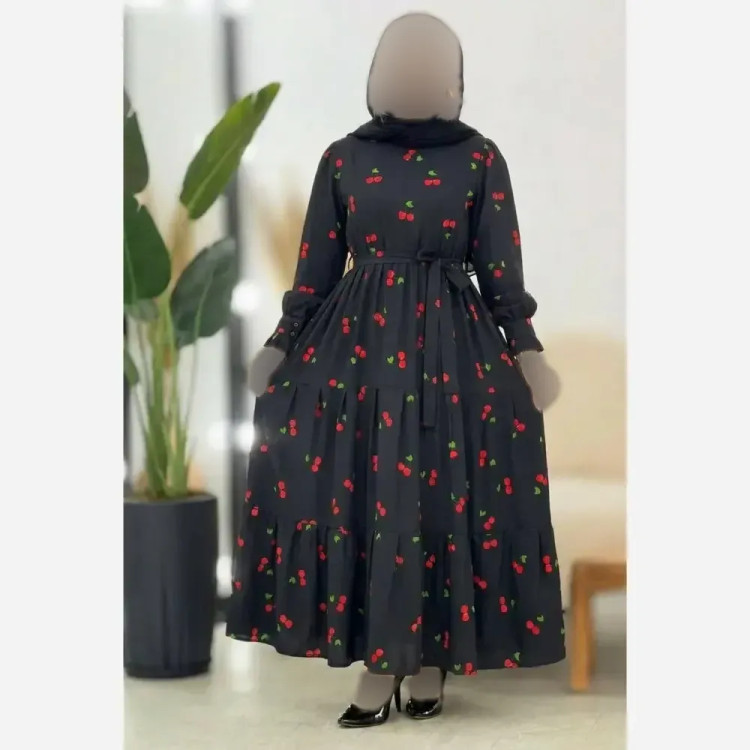 پیراهن گیلاسی یقه چین جنس بوگاتی رنگ مشکی فری سایز 38 تا 46