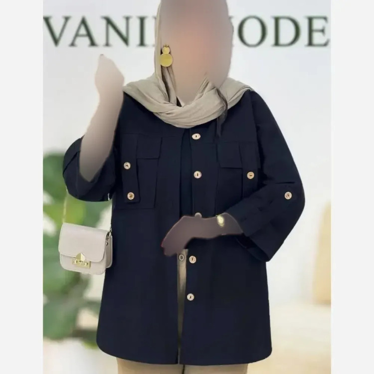 شومیز مانتویی جیب صلیبی شانتون زیپی مشکی سایز 38 تا 46