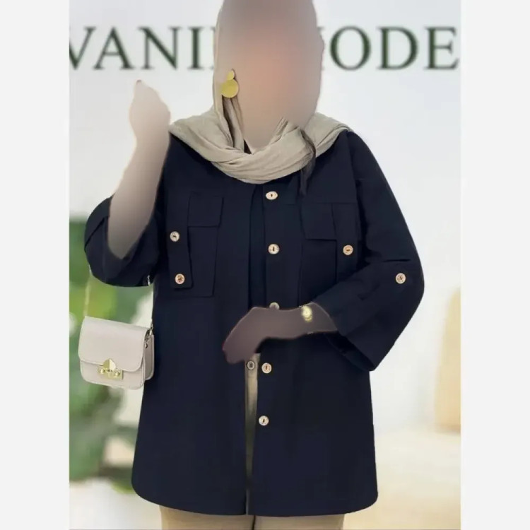 شومیز مانتویی جیب صلیبی شانتون زیپی مشکی سایز 38 تا 46