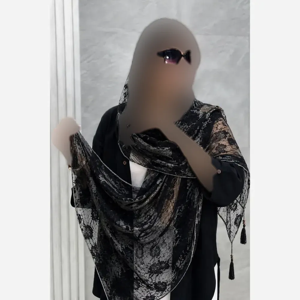 شال تور دانتل مشکی فول نگین با لمه دوری نقره ای مجلسی