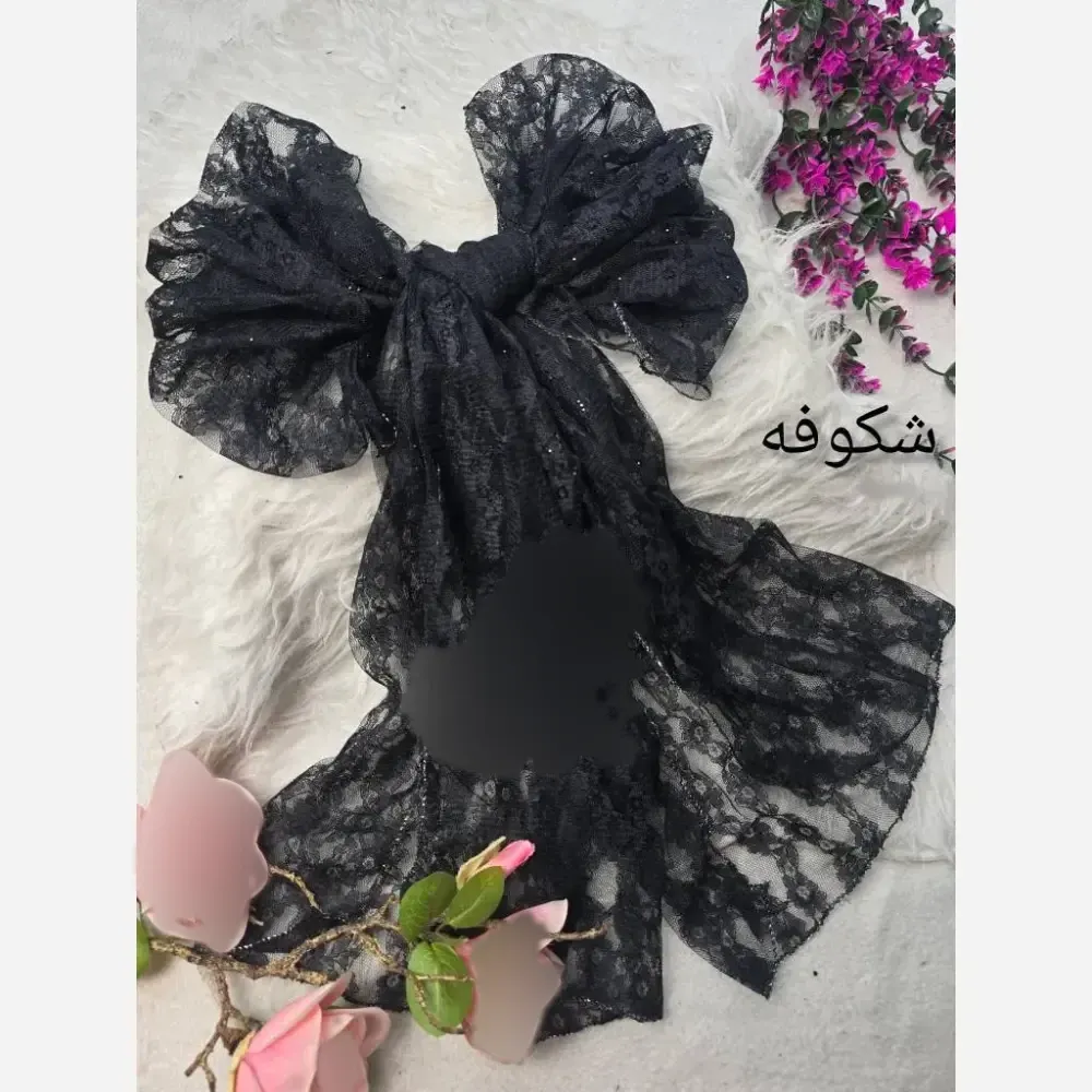 شال تور دانتل مشکی فول نگین با لمه دوری نقره ای مجلسی