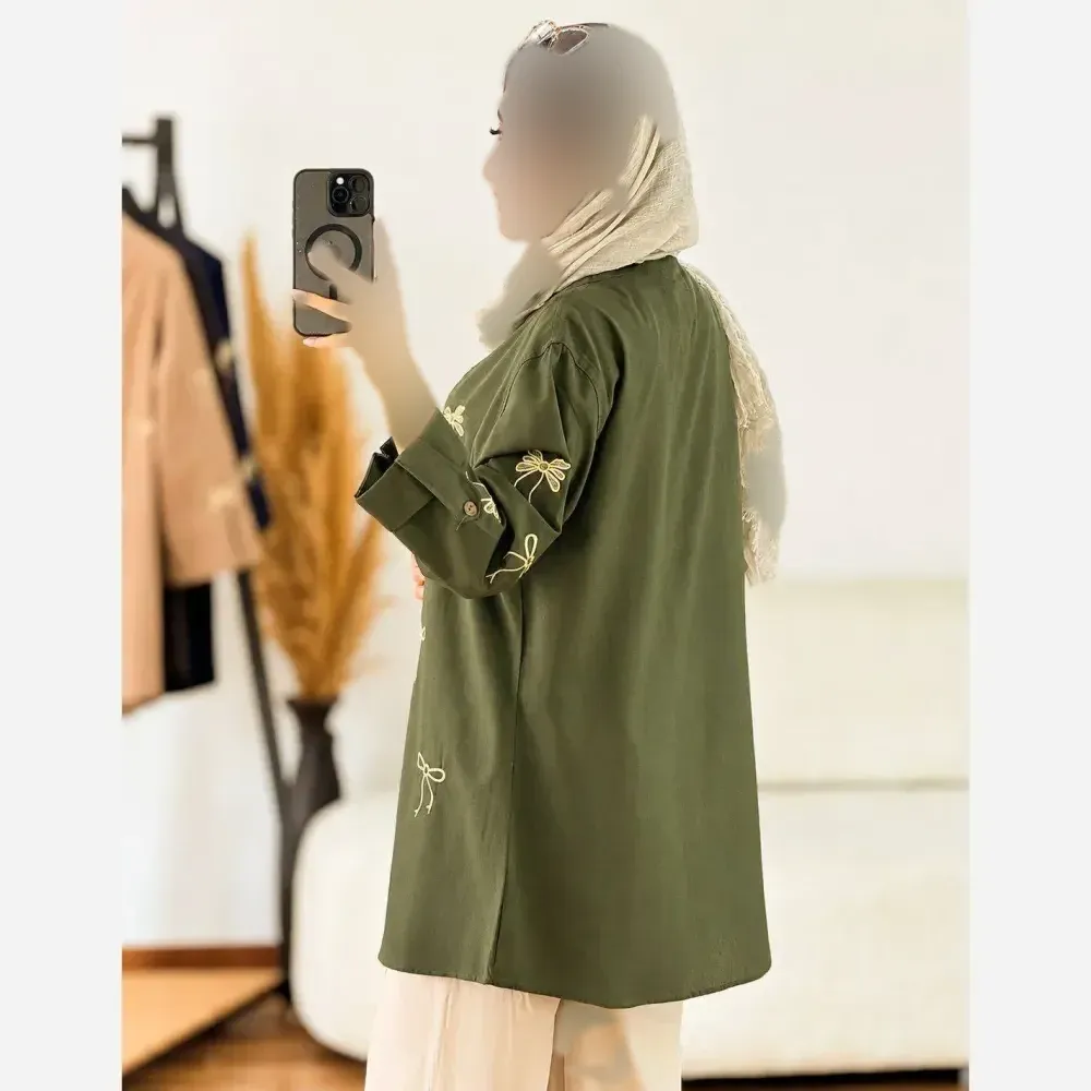 مانتو کتان چیترا گلدوزی شده پاپیون دار جنس کتان پنبه وارداتی ترک سایز فری 36 تا 46