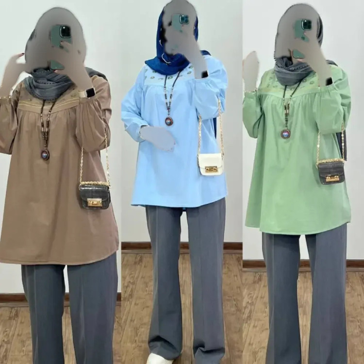 شومیز الیاف با کیفیت گلدوزی شده رنگ پسته ای فری سایز