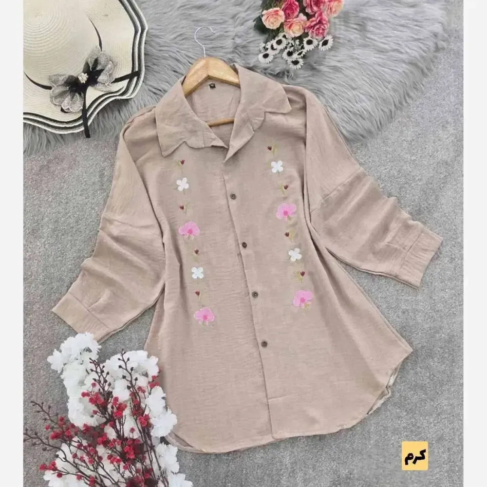شومیز گلدوزی شبدر شانتون کرم