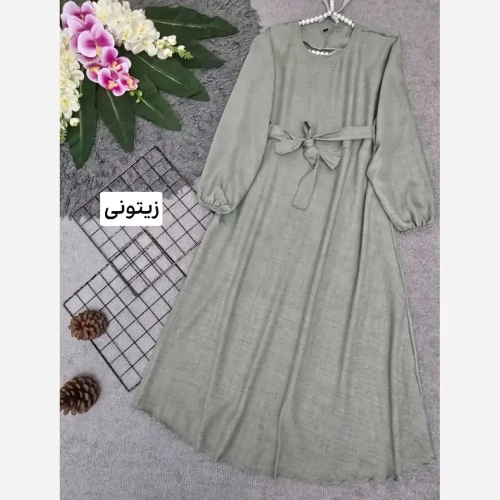 پیراهن لمیا شانتون زنانه فری سایز قد 125 سانت دور سینه 108 سانت آستین 58 سانت کرم آبی سبز زیتونی