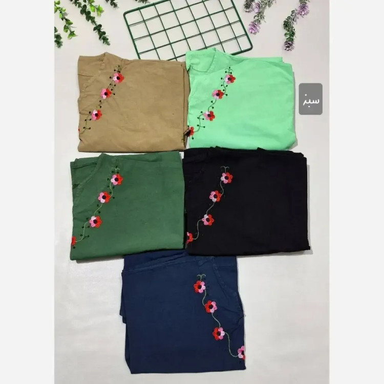 شومیز الیاف لاله گلدوزی شده قواره دار سایزبندی 42 تا 50 رنگ نسکافه ای