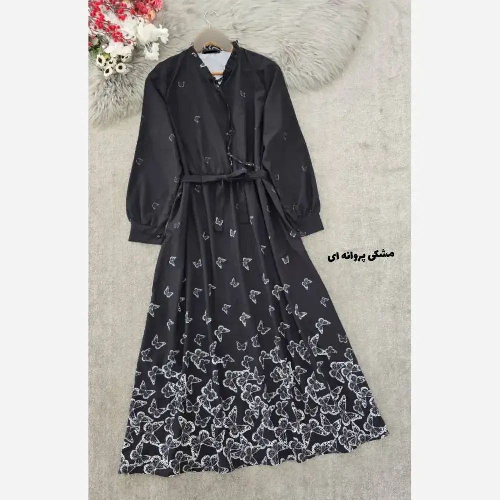 پیراهن طرحدار طناز جنس بوگاتی فری سایز رنگ مشکی قلبی و پروانه ای