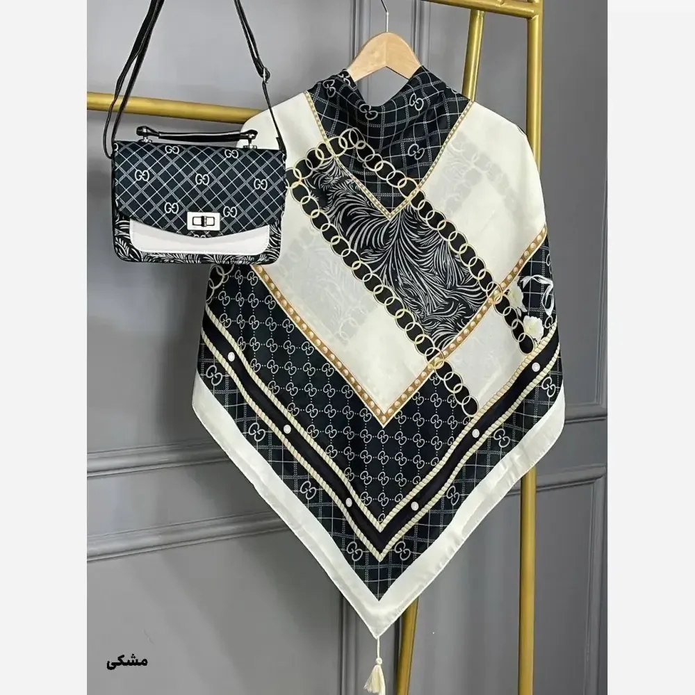 ست کیف و روسری طرح گوچی مخمل و چرم صنعتی نخی منگوله دار سایز 130