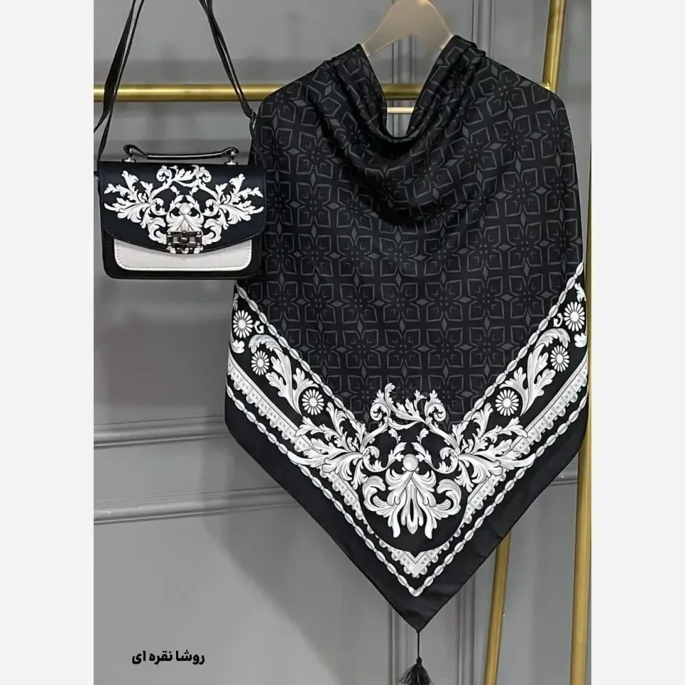 ست کیف و روسری زنانه مخمل و چرم صنعتی نخی منگوله دار طرح فلور