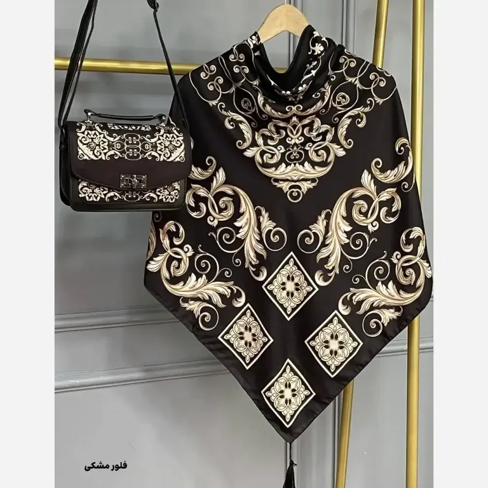 ست کیف و روسری زنانه مخمل و چرم صنعتی نخی منگوله دار طرح فلور