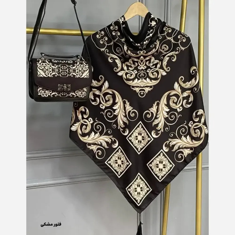 ست کیف و روسری زنانه مخمل و چرم صنعتی نخی منگوله دار طرح فلور