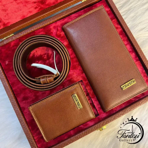 پک هدیه مردانه چرم شامل کیف پول جاکارتی و کمربند رنگ مشکی و عسلی