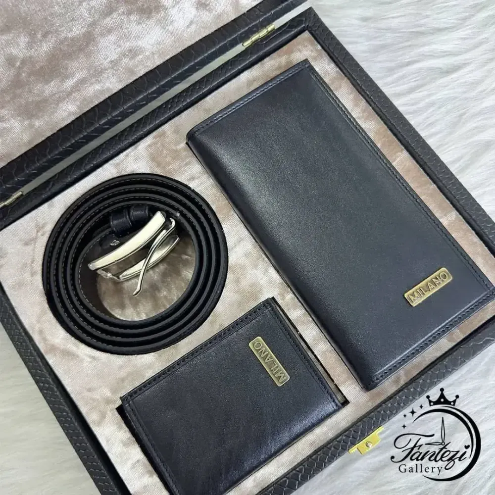 پک هدیه مردانه چرم شامل کیف پول جاکارتی و کمربند رنگ مشکی و عسلی