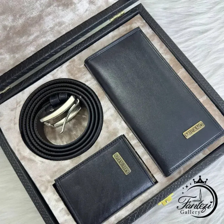 پک هدیه مردانه چرم شامل کیف پول جاکارتی و کمربند رنگ مشکی و عسلی