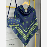 ست کیف و روسری طرح برگ جیوانچی مخمل و چرم صنعتی نخی قواره 130
