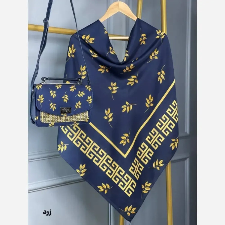 ست کیف و روسری طرح برگ جیوانچی مخمل و چرم صنعتی نخی قواره 130