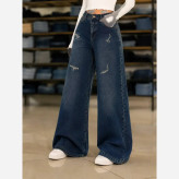 شلوار بگ جین درجه یک زنانه مدل شافل پل کمربند دار