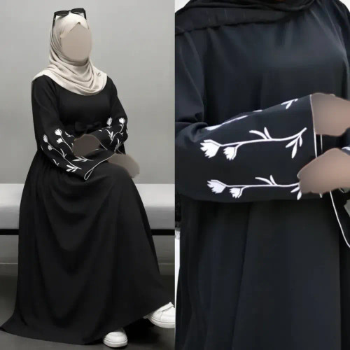 پیراهن عبایی گلدوزی شده گل لاله جنس الیزه مشکی فری سایز