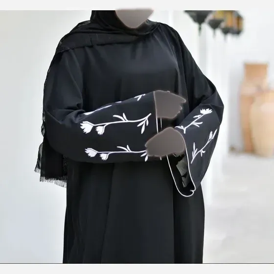 عبا زنانه آستین گلدوزی پارچه الیزه جت بلک مشکی فری سایز