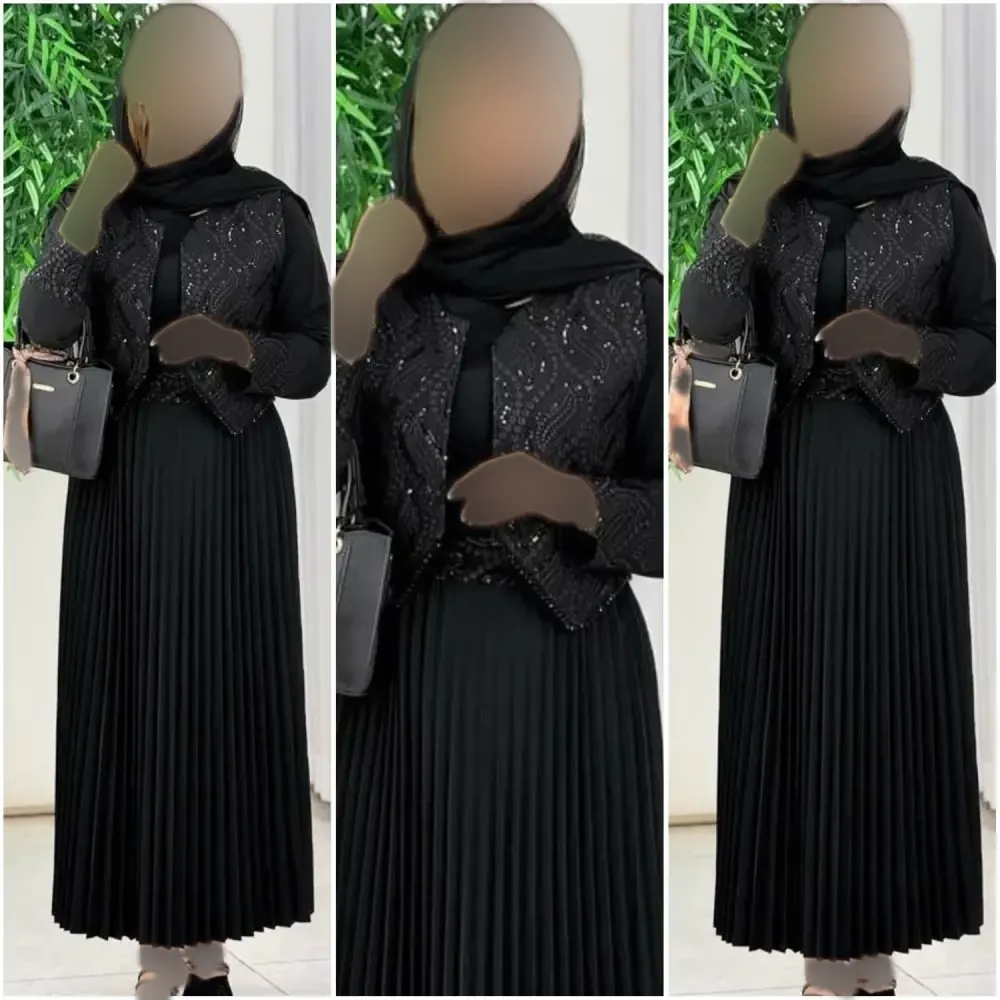 سه تیکه سارافن بوگاتی باکیفیت جلیقه پولک دوزی زنانه مشکی فری سایز 38 تا 46