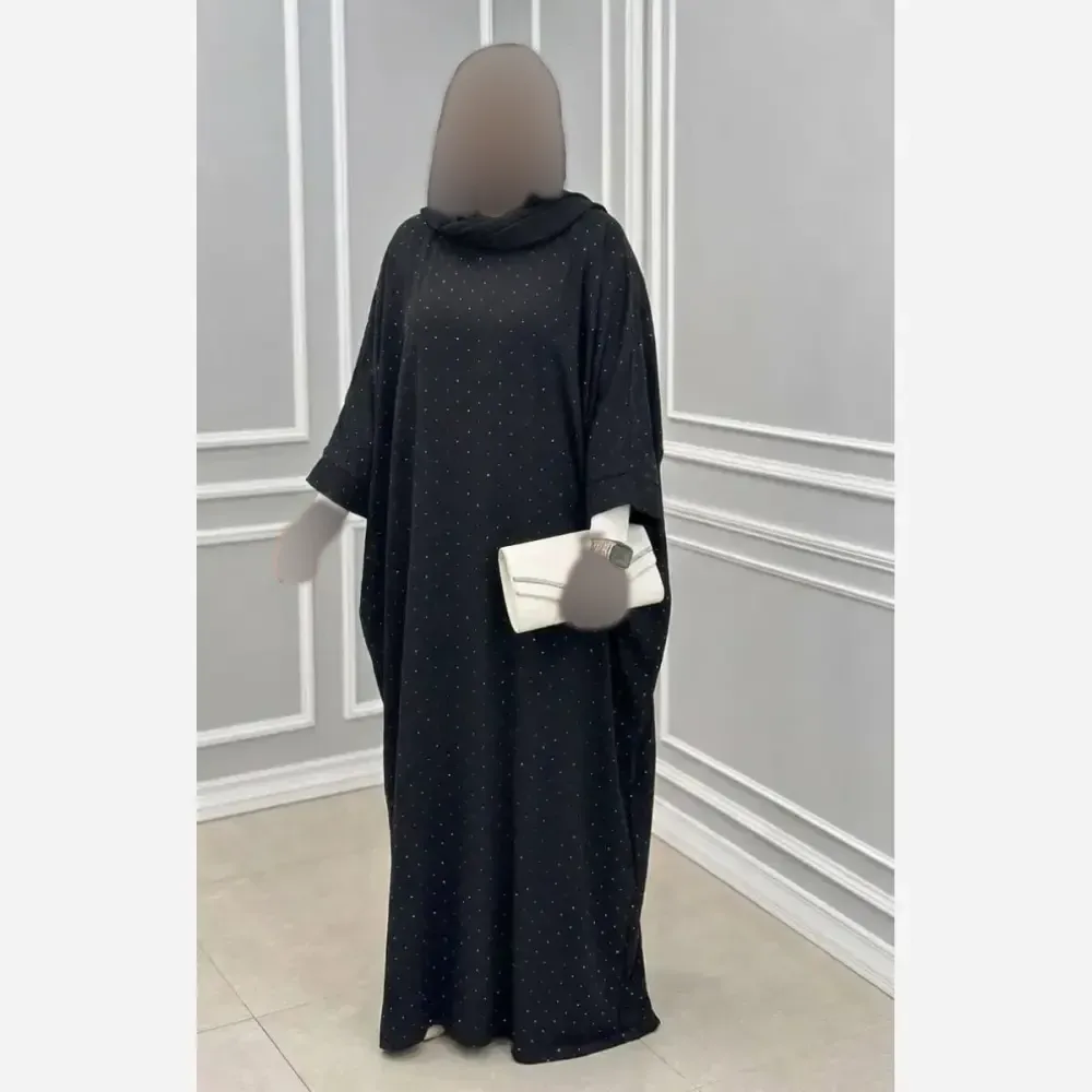 عبا افسانه مشکی کرپ الیزه نگین کوبی شده فری سایز 38 تا 50 قد 125 سانت