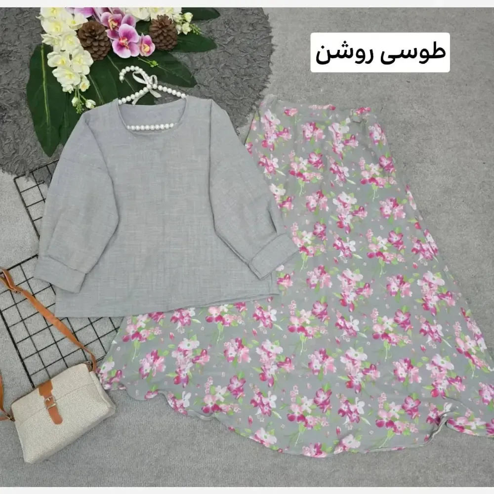 ست شومیز و سارافون گلدار جنس شانتون و حریر سایز فری 36 تا 46