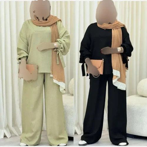 ست شومیز و شلوار رستا فری سایز 40 تا 48 جنس صوفیا گرم بالا