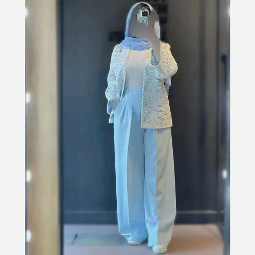 کت و شلوار زنانه گندم جنس مازراتی و گیپور رنگ مشکی کرمی آبی سایز 1 و 2