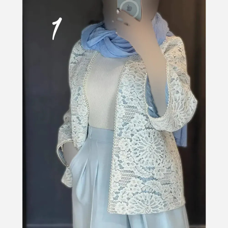 کت و شلوار زنانه گندم جنس مازراتی و گیپور رنگ مشکی کرمی آبی سایز 1 و 2