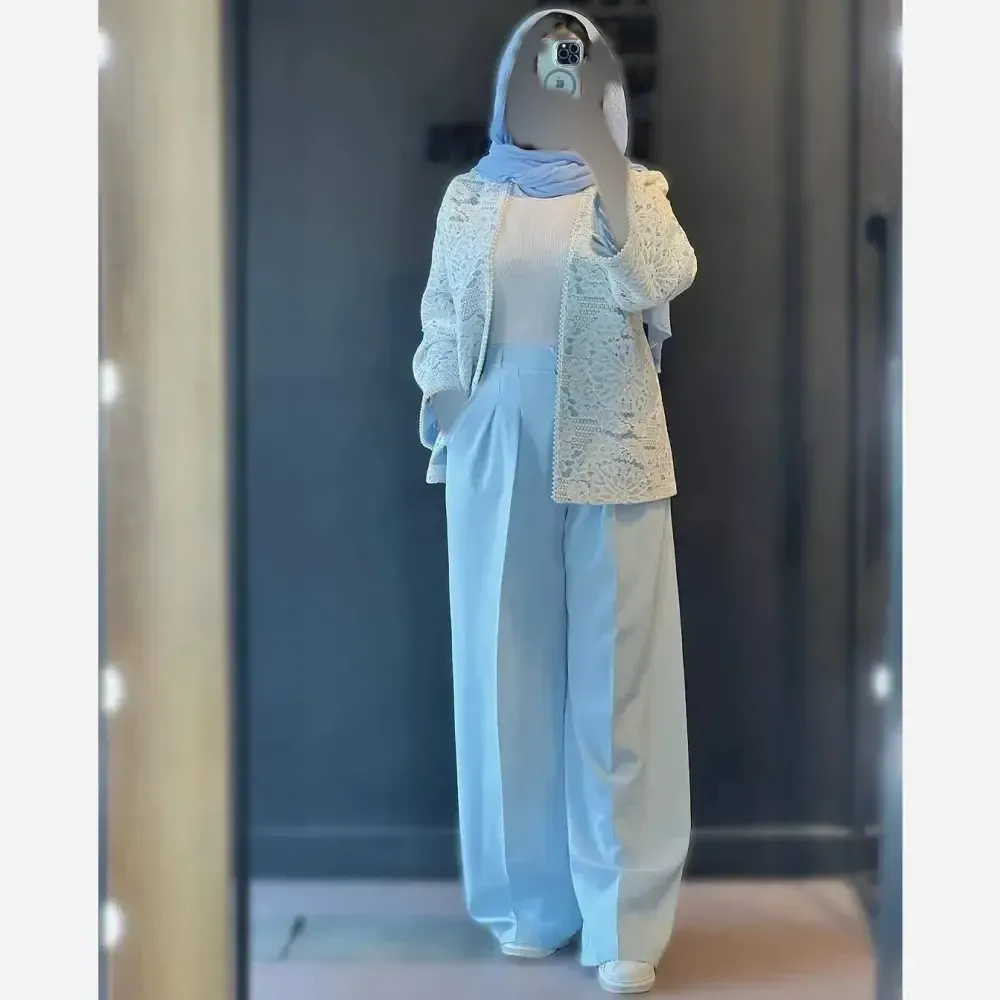 کت و شلوار زنانه گندم جنس مازراتی و گیپور رنگ مشکی کرمی آبی سایز 1 و 2