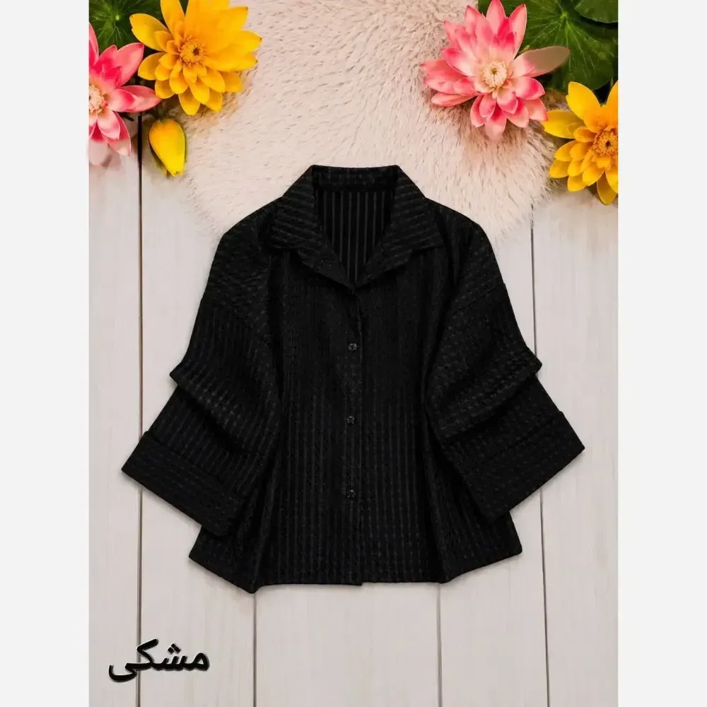 شومیز زنانه آستین سه ربع پاکتی جنس حصیری شیشه ای رنگ مشکی فری سایز