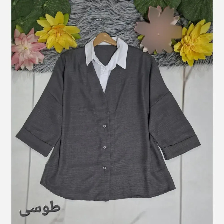 شومیز قواره دار دو پی اس شانتون آستین سه ربع پاکتی فری سایز