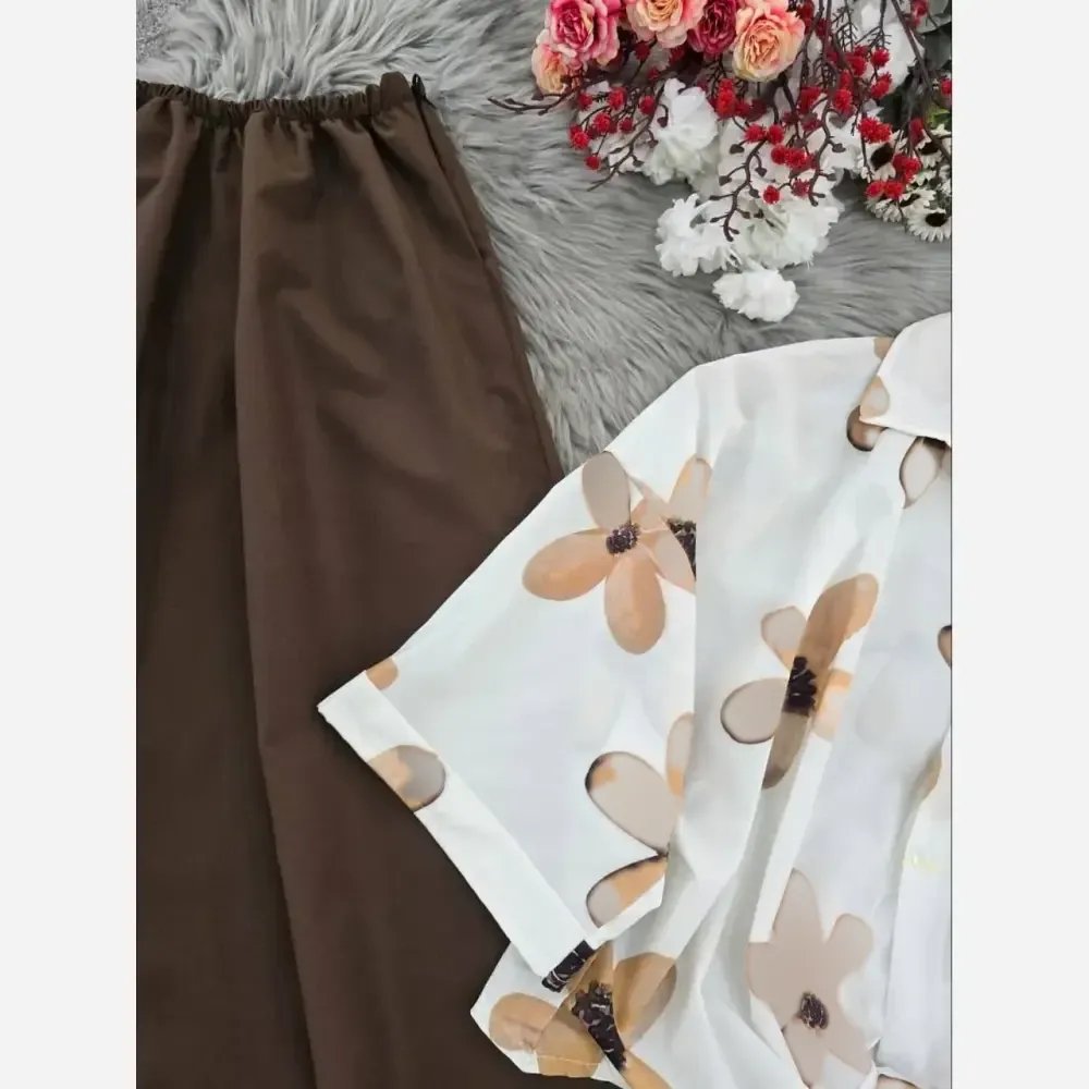 ست شومیز گره و دامن لنینت زنانه فری سایز در رنگ بندی مشکی، قهوه ای و سبز