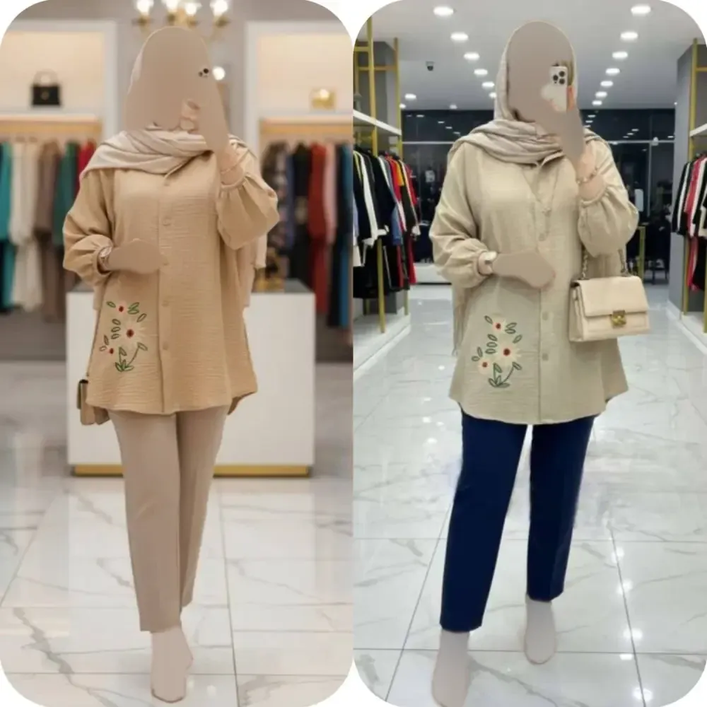 شومیز مانتویی گلدوزی شده سه گل بابونه جنس شانتون