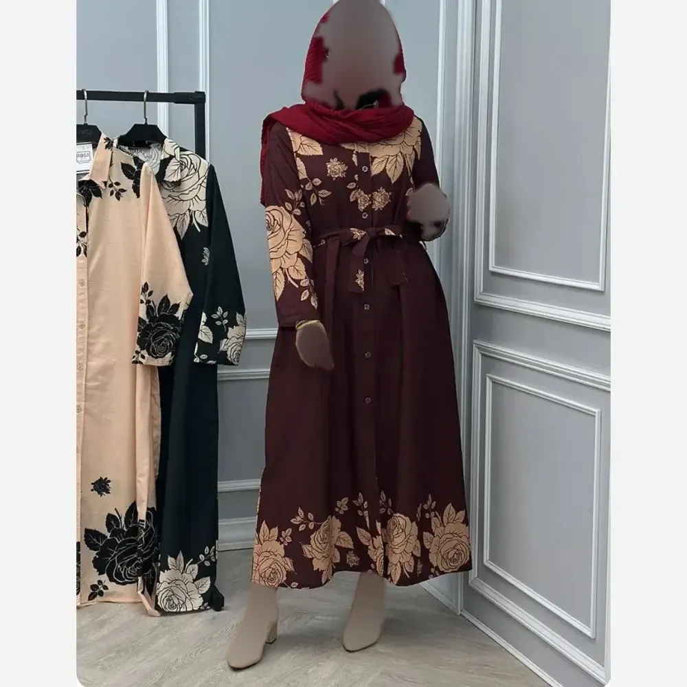 مانتو پیراهنی گل جنس لینزی پفکی درجه یک فری سایز