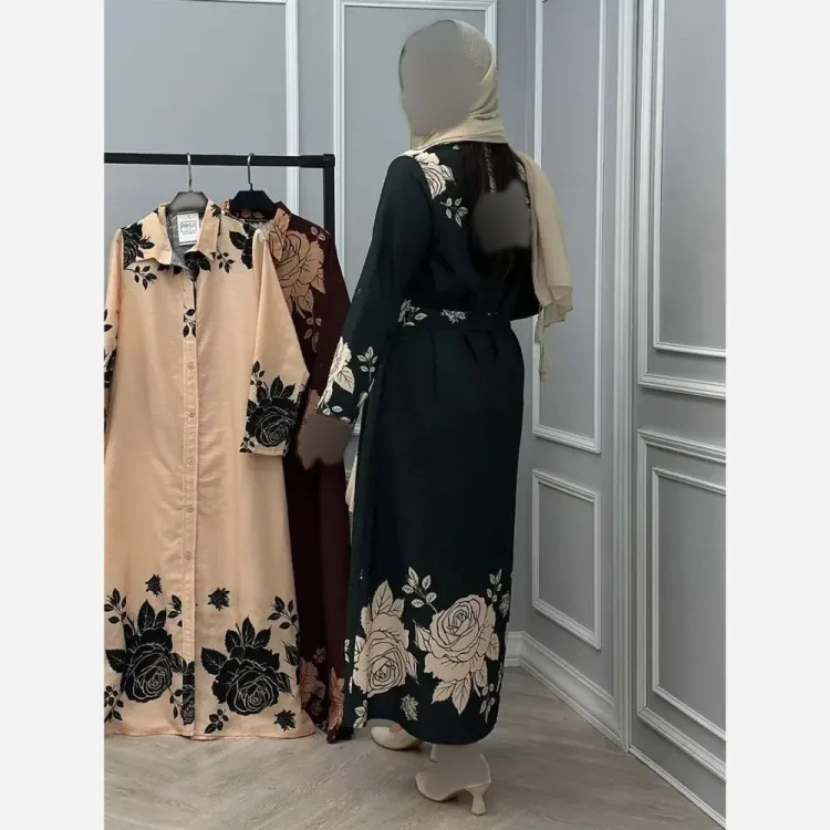 مانتو پیراهنی گل جنس لینزی پفکی درجه یک فری سایز