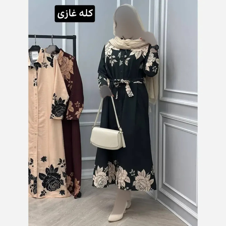 مانتو پیراهنی گل جنس لینزی پفکی درجه یک فری سایز