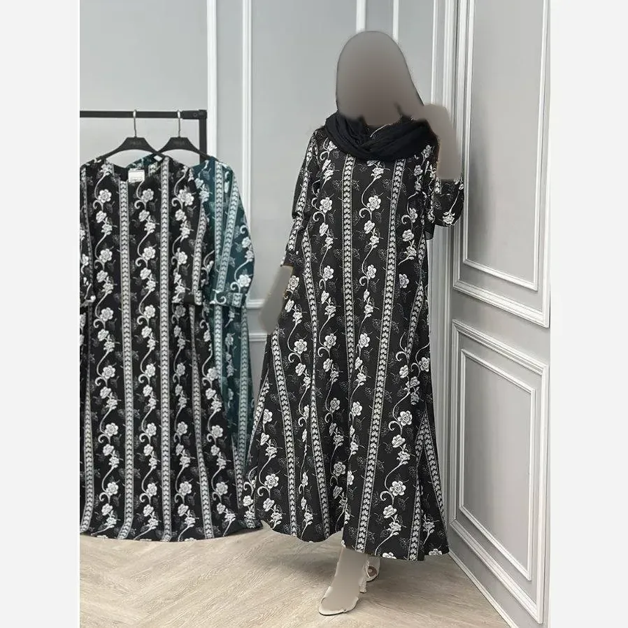 پیراهن مانتویی گلاب جنس لینزی پفکی درجه یک جلو بسته رنگ مشکی و کله غازی سایز فری فریزایز