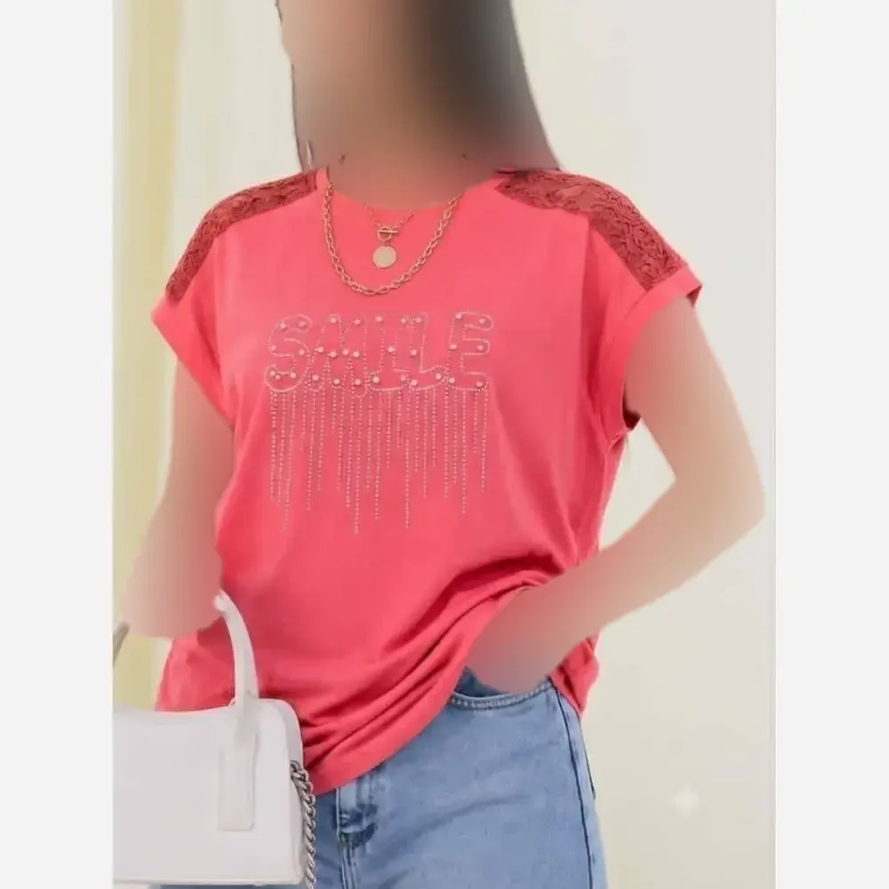 شومیز باکسی نگینی طرح SMILE جنس نخ پنبه اعلا رنگ صورتی فری سایز