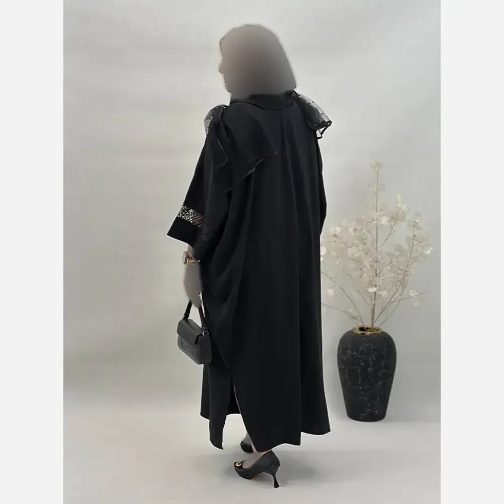 عبا مجلسی زنانه مدل آمیتیس جنس بوگاتی و گیپور رنگ مشکی سایز فری 38 تا 52