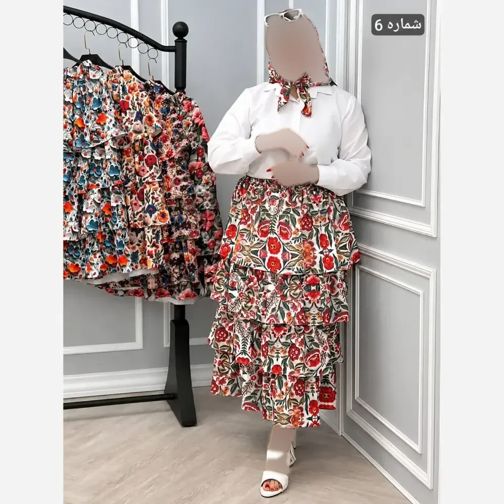 ست دامن طبقه ای و اسکارف مازراتی اعلا فری سایز 36 تا 48