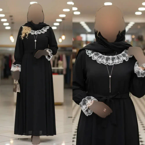 پیراهن عبایی محبوبه الیزه گیپور یقه و سر آستین مشکی سفید مشکی فری سایز قد 130
