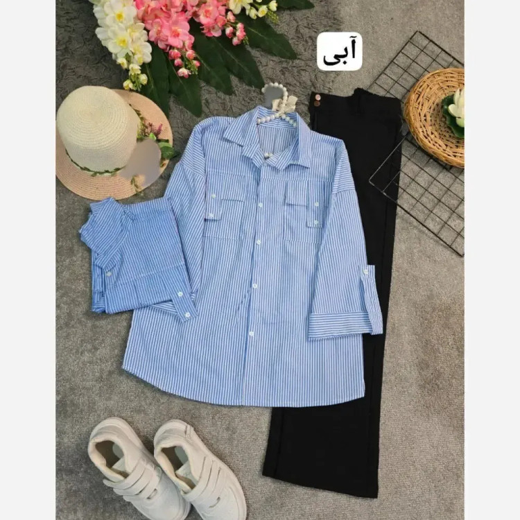 شومیز نخی راه راه جیب صلیبی قواره دار خنک و سبک زنانه سایز فری 36 تا 46