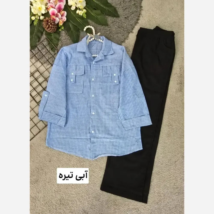 شومیز نخی راه راه جیب صلیبی قواره دار خنک و سبک زنانه سایز فری 36 تا 46