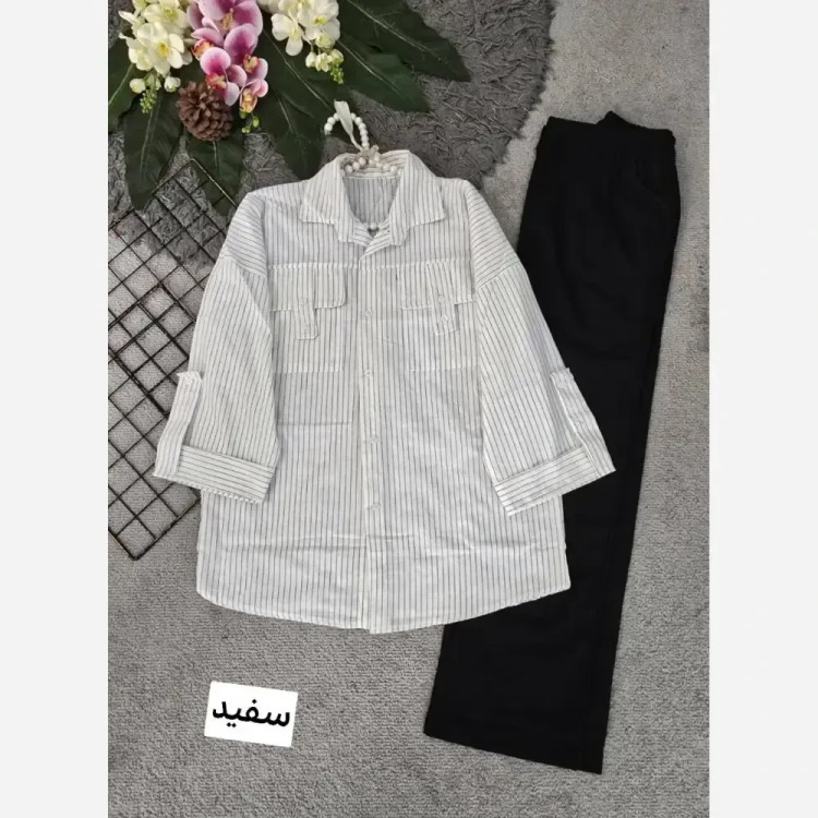 شومیز نخی راه راه جیب صلیبی قواره دار خنک و سبک زنانه سایز فری 36 تا 46