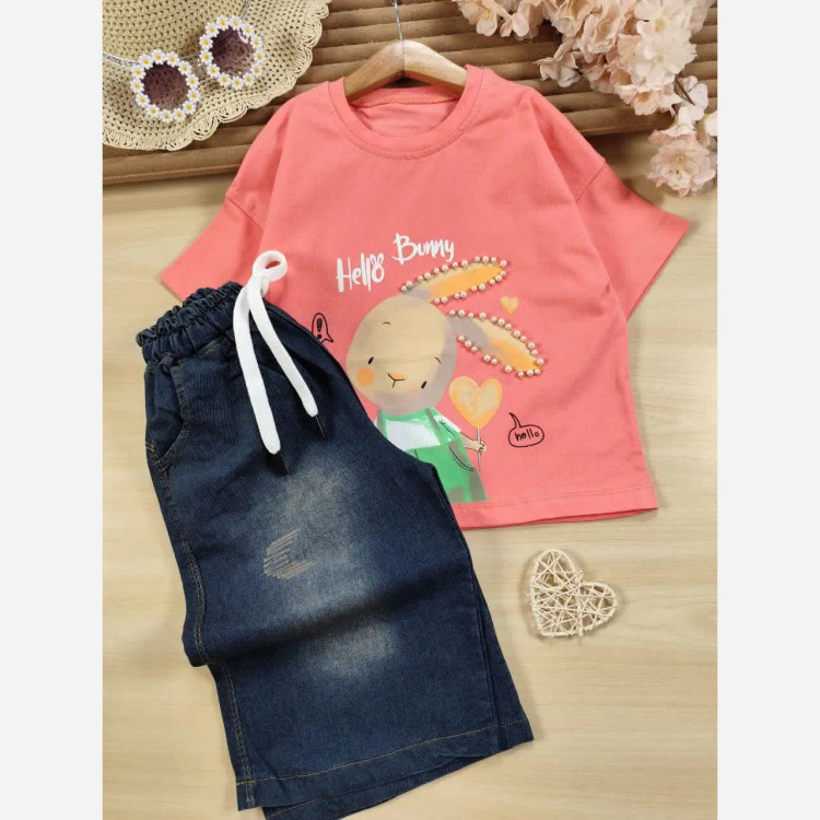 ست تیشرت و شلوارک جین دخترانه مروارید دوزی شده یکرو پنبه لاکرادار سنگ شور شده بلوز 4 رنگ با کیفیت سایز 35 تا 50