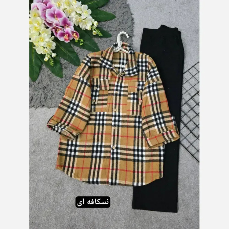 مانتو چهارخونه موهر دار پارچه خارجی مدل یسرا کرم نسکافه ای فری سایز
